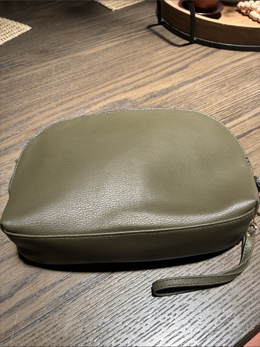 Olive Green Leather Wristlet Cosmetic Pouch